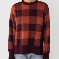 Fairtrade Jaquard Strickpullover Faiza Aus Bio-Baumwolle - Rosine / Mahagoni Melange Karo