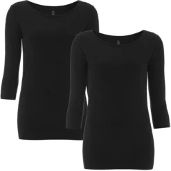 3/4 Sleeve Stretch T-Shirt Aus Biobaumwolle & Elastan - Doppelpack - Schwarz
