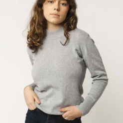 Fairtrade Feinstrick-Pullover Sada Aus Bio-Baumwolle - Grau-melange -Grundstoff Verkäufe MELAWEAR SADA GRAU MELANGE Damen Feinstrick Pullover hoher Ripp Kragen breiter Aermelsaum Rippenstrick Qualitaet warm fair 1280x1280