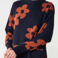 Fairtrade Jaquard Strickpullover Faiza Aus Bio-Baumwolle - Navy / Mahagoni Melange Blume