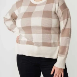 Mela Fairtrade Jaquard Strickpullover Faiza Aus Bio-Baumwolle - Mushroom / Cream Karo