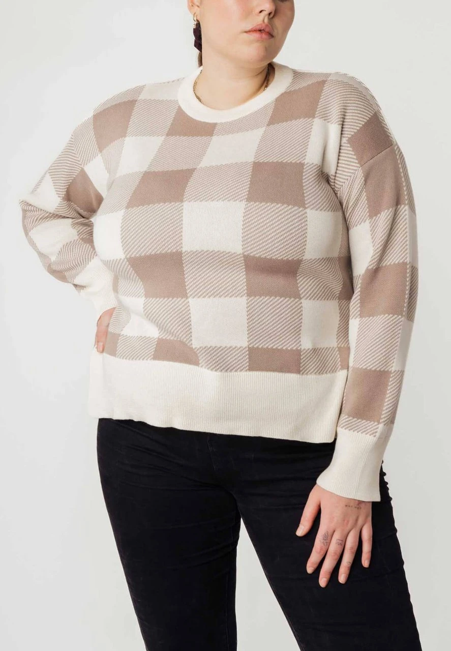 Mela Fairtrade Jaquard Strickpullover Faiza Aus Bio-Baumwolle - Mushroom / Cream Karo 3 Mela Fairtrade Jaquard Strickpullover Faiza Aus Bio-Baumwolle - Mushroom / Cream Karo