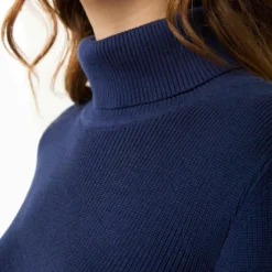 Strickpullover Mit Rollkragen Aus Bio-Baumwolle - Navy -Grundstoff Verkäufe w casual 040 navy nachhaltige Mode von ORganication Strickpullover Damen Detail Rollkragen zum umschlagen aus Rippstrick 1280x1280